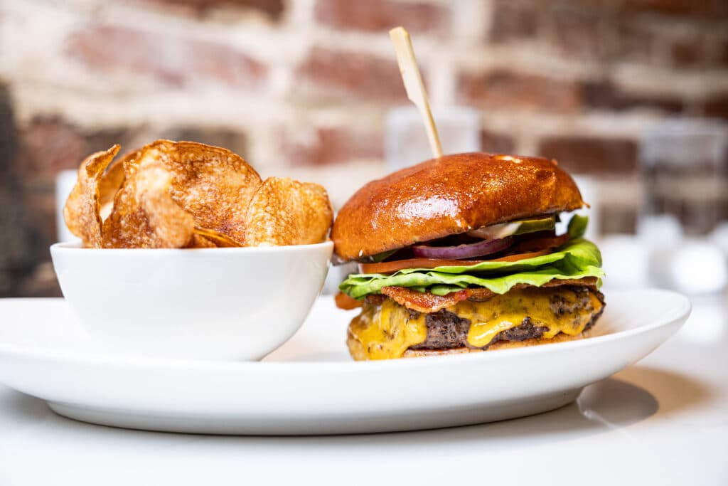 Burger and house made chips at Turbine Market + Cafe Savannah